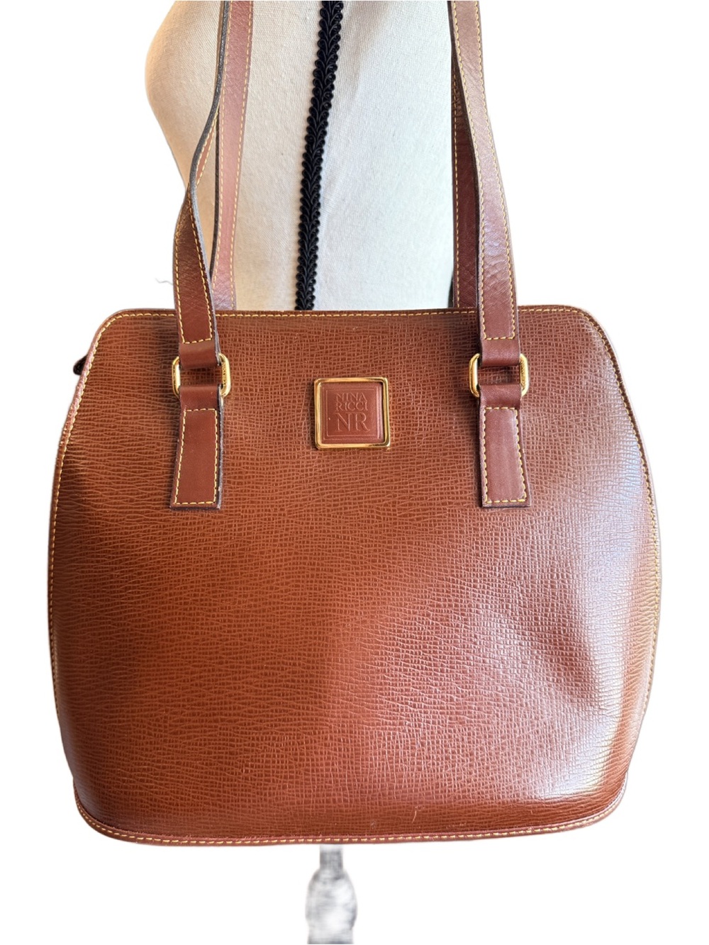 Nina Ricci Cognac Brown Leather Shoulder Bag with Gold Hardware